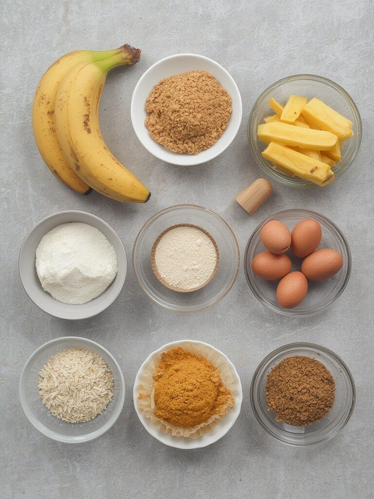 Ingrédients frais pour muffins protéinés : bananes, flocons d'avoine, poudre de protéine, œufs, yaourt grec