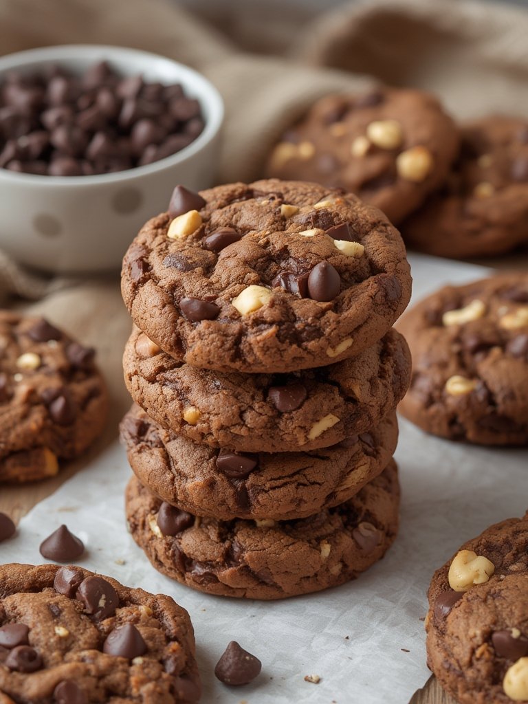 Fresh ingredients laid out for baking cookies moelleux, including butter, sugars, flour, eggs, and chocolate chips