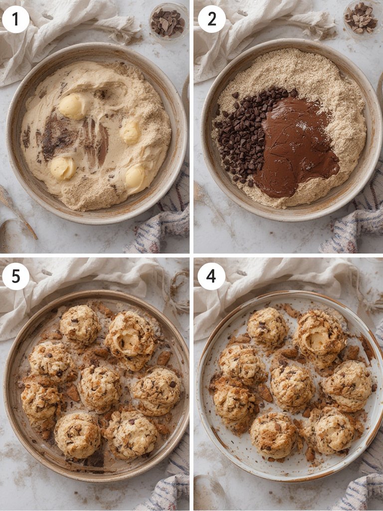 Visual guide showing hands mixing dough, scooping balls, and baked golden cookies moelleux