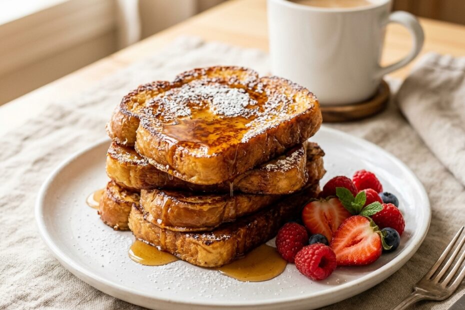 Pain perdu gourmand à la cannelle avec sirop d'érable et fruits frais