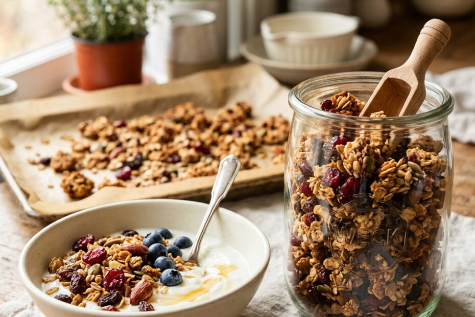Granola maison croustillant en amas avec fruits secs et noix