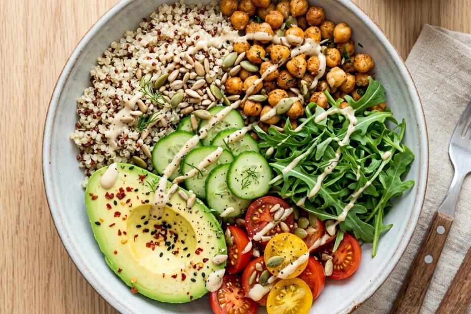 Bowl de quinoa healthy avec pois chiches, avocat et légumes frais