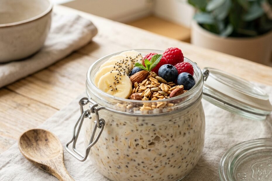 Overnight oats healthy avec fruits frais et graines dans un bocal