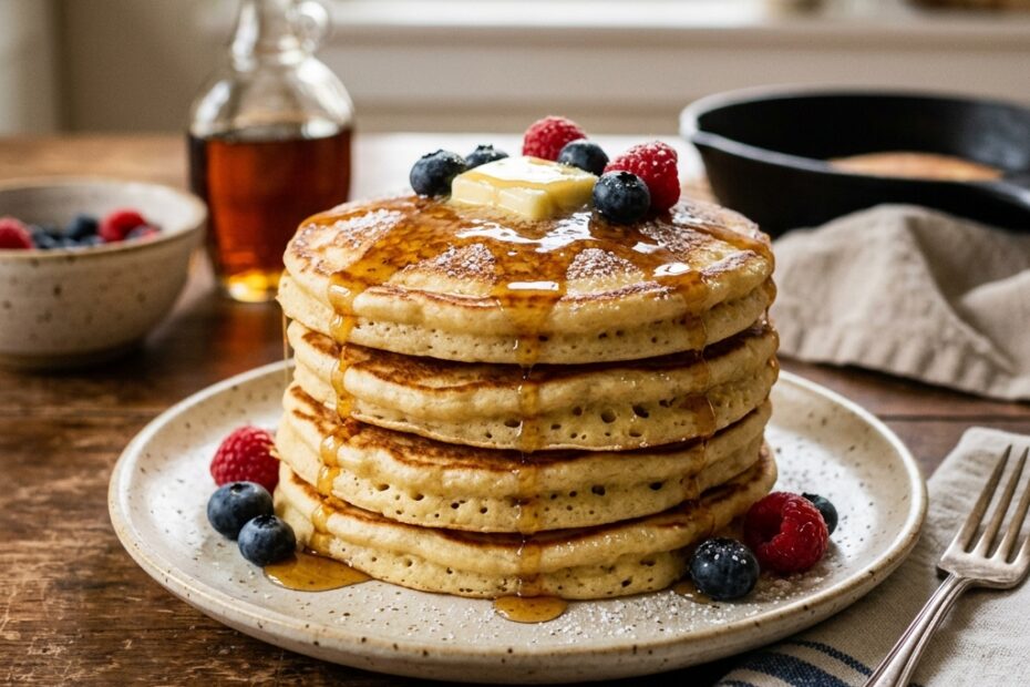 Pile de pancakes moelleux faits maison avec sirop d'érable et fruits frais