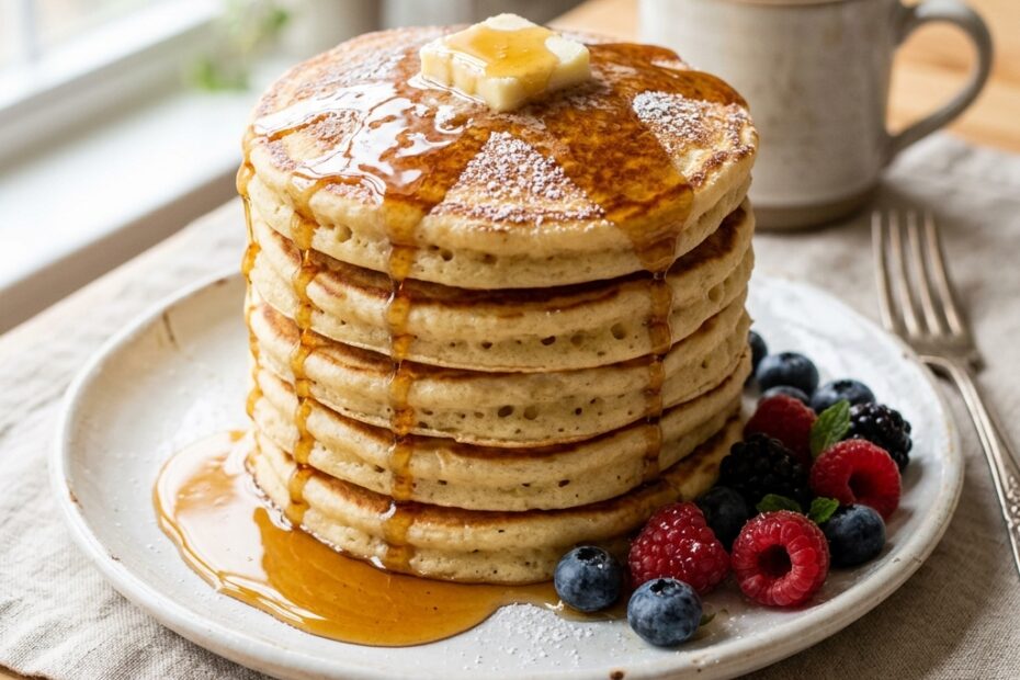 Pile de pancakes moelleux avec sirop d'érable et fruits frais