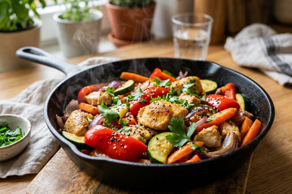 Poêlée healthy de poulet et légumes colorés croquants