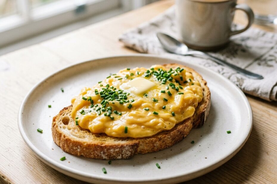 Œufs brouillés crémeux servis sur toast avec ciboulette fraîche