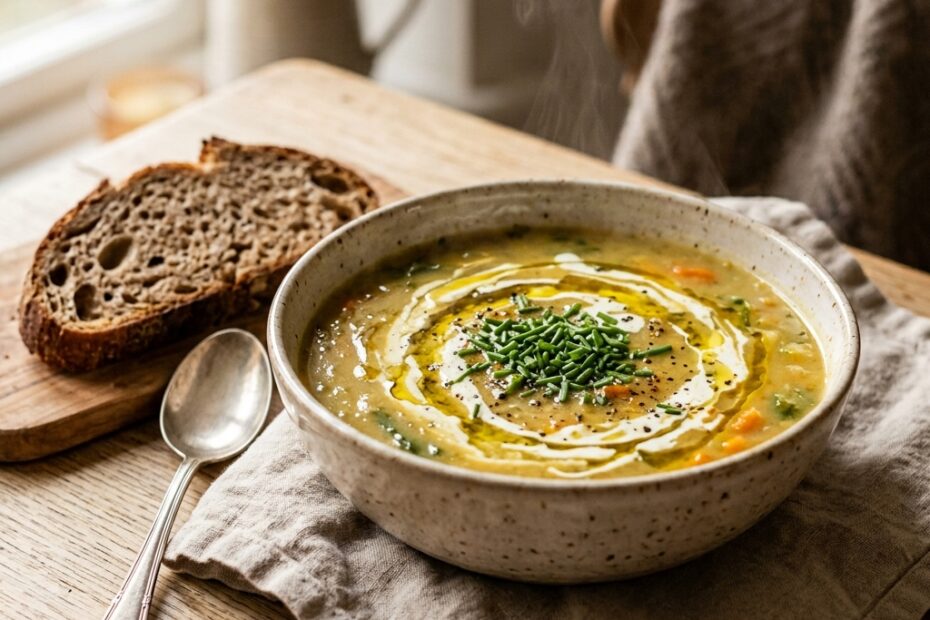Soupe de légumes veloutée healthy servie chaude avec ciboulette