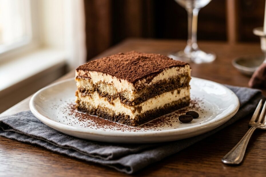 Tiramisu maison classique saupoudré de cacao dans un plat