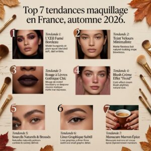 Femme avec un maquillage d'automne 2026 : lèvres baie, blush rosé et teint naturel