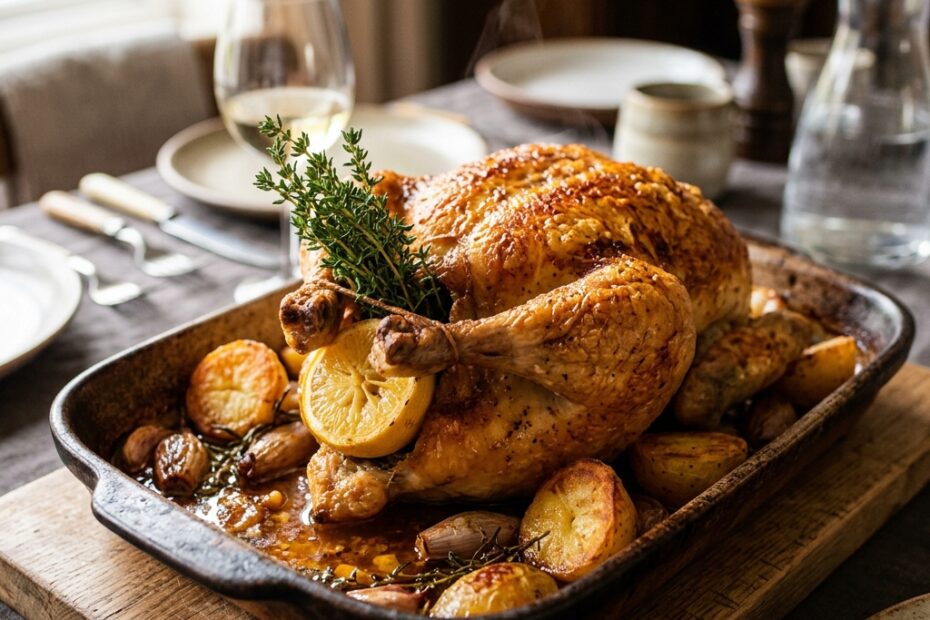 Poulet rôti doré avec peau croustillante sortant du four