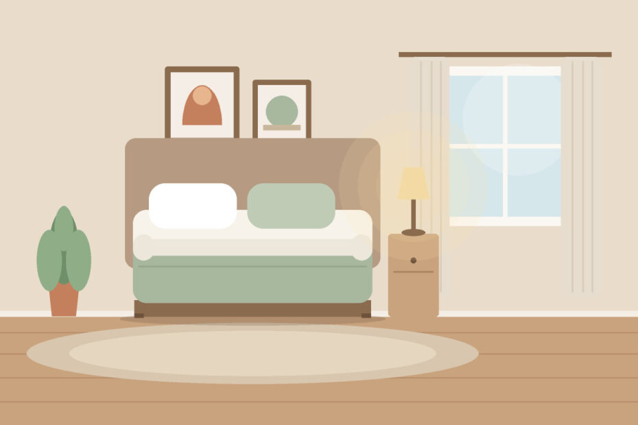 Illustration d'une chambre apaisante avec lit en lin, lampe douce et plante verte
